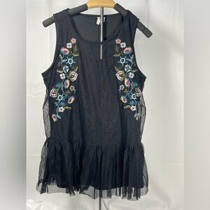 Boho Embroidered Black Sleeveless Mesh Peplum Top. Versatile w/a pinch of gypsy